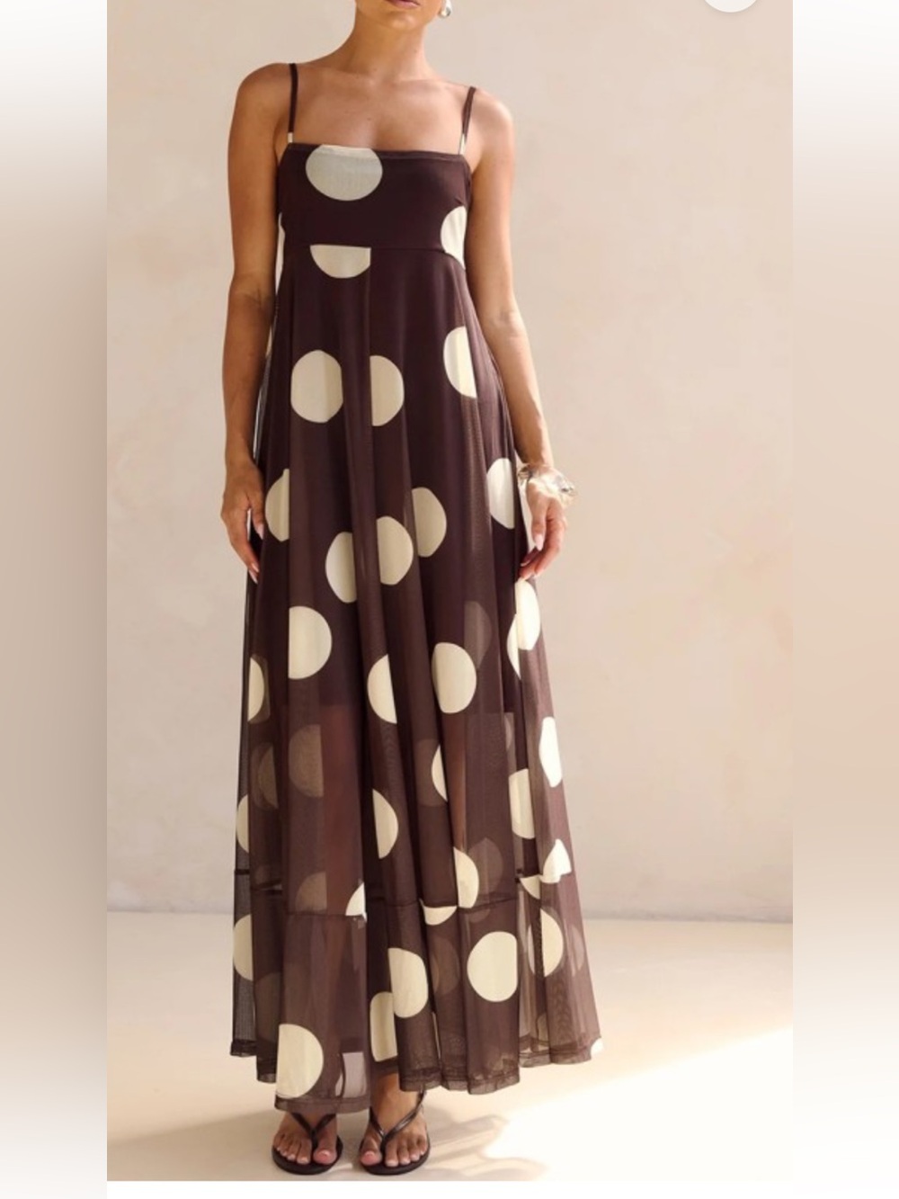 NWT! Polka Dot Spaghetti Strap Maxi Dress in Brown and Cream - Picture 4 of 4